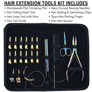 Kit d'outils pour extensions capillaires à micro-anneaux avec pince à micro-anneaux à surface plate, crochet d'installation pour micro-anneaux, peigne à queue et aiguilles à coudre - Product Image 2