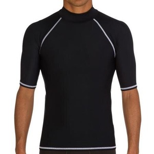 Men's Black Short Sleeve Rash Guard Compression Shirt Quick Dry Spandex Polyester Top for <b>Surfing</b> and Water Sports - Product Image 1