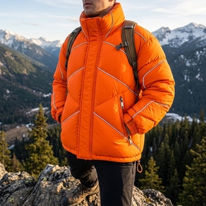 <b>Mens</b> Orange Puffer <b>Jacket</b> <b>Reflective</b> Piping Quilted Insulated High Collar Full Zip Winter Outdoor <b>Jacket</b> - Product Image 3