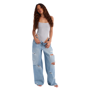 <b>Women's</b> <b>Light</b> <b>Blue</b> Solid Mid Waist Wide Leg Regular Fit Full Length <b>Jeans</b> Enzyme Wash <b>Ripped</b> Vintage Casual 100% Cotton Quick - Product Image 1