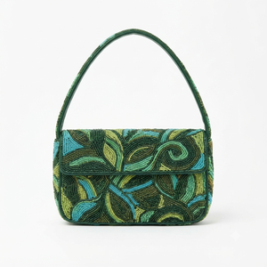 Handmade <b>Green</b> Swirl Beaded Shoulder Bag Women Abstract Foliage Flap Evening <b>Clutch</b> Novelty Underarm Handbag - Product Image 1