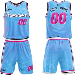 Kiento Custom Basketball Jersey Set Heat-Transfer Printed V-Neck Sleeveless <b>Light</b> Blue Pink Team <b>Name</b> 00 Front OEM Service - Product Image 4