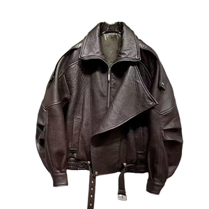 HARAZ INTERNATIONAL Blouson de moto en cuir véritable pour homme, col rabattable, fermeture éclair, design ceinturé, style automne, coupe classique - Product Image 1