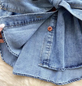 Women's Denim Shirt Mandarin Collar <b>Balloon</b> Sleeve Button Down Wrap Tie Loose Fit Casual Top Full Sleeve Solid Color All Seasons - Product Image 3
