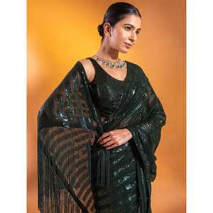 Atractivo verde oscuro Lentejuelas Georgette Mehendi Wear Saree - Product Image 3