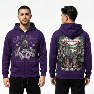Sudadera con capucha morada personalizada para hombre, con cremallera completa, gráfico de zombie de casino, detalles de pedrería, estilo urbano, fabricante de sudaderas con cremallera completa. - Product Image 1