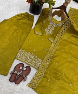 FANCY GMY SILK EMBROIDERY <b>BEADS</b> WORK <b>TOP</b> PALAZZO WITH DUPATTA WHOLESALE PRICE ETHNIC GARMENT 85063 PARROT GREEN - Product Image 4