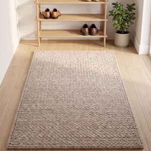 Tapis en laine de couleur unie beige naturel, tissé à la main, à boucles texturées, design rustique moderne pour salon - Product Image 1