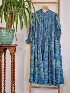 Midi azul Paisley seda mezcla nivel bohemio vestido fluido colorido verano elegante boda té alto ropa de día - Product Image 3