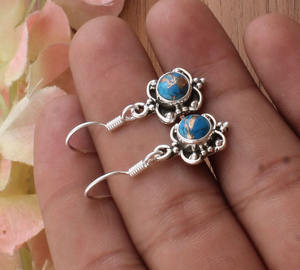 Boucles d'oreilles pendantes de luxe faites à la main en argent sterling et turquoise cuivre bleu naturel pour femmes - Cadeau de mariage et de fête - Product Image 2