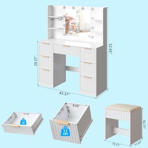 Toeletta Trucco con 7 Cassetti e 4 Ripiani, Finitura Melaminica Bianca, 10 Lampadine a LED, Set Tavolo da Trucco - Product Image 2