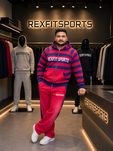 REXFIT SPORTS <b>Men</b> Striped Zip <b>Hoodie</b> Sweatpants Set Full Sleeve Hooded Sporty Tracksuit <b>Red</b> Blue Autumn Wear - Product Image 4