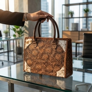 New Brown & White Color Hand Tooled Florals Carved 100% Genuine Leather Water Resistant <b>Lightweight</b> Tote Purse <b>Bag</b> For Daily Use - Product Image 4