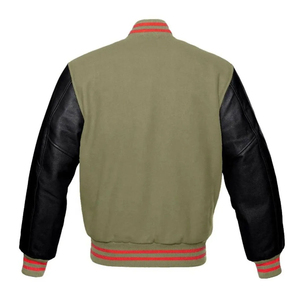 Men's Olive Green Varsity Jacket Wool Sleeves Regular Fit Mandarin Collar <b>Covered</b> <b>Button</b> Solid Color Casual Winter Wear - Product Image 2
