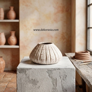 Vase bas en terre cuite blanc Abeja M, fait main, bol décoratif en céramique, urne de table, vente en gros - Product Image 3
