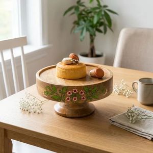Natural Mango Wood Handmade <b>Cake</b> <b>Stand</b> with Printing Round Shape Eco-Friendly & Non-Toxic for Home Commercial Use by Curio Craft - Product Image 2