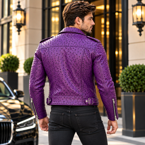 Premium Men’s Purple Ostrich Leather <b>Biker</b> <b>Jacket</b> Embossed Motorcycle Riding <b>Jacket</b> Asymmetrical Zipper Belted Moto <b>Jacket</b> - Product Image 4