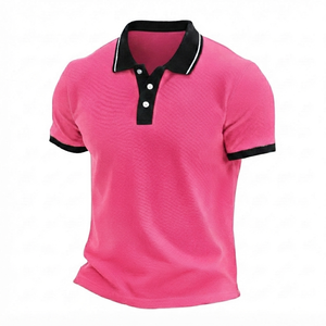 Custom Men's Pink for Shirt Short Sleeve 100% Polyester Anti-Wrinkle <b>Smart</b> Casual Golf T-Shirt Black Collar Cuff Sportswear OEM - Product Image 1