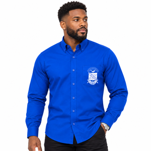 เสื้อเชิ้ตแขนยาวสีน้ำเงินรอยัลสำหรับผู้ชาย แบรนด์ Phi Beta Sigma ปักลายตราสัญลักษณ์ที่กระเป๋าเสื้อ เหมาะสำหรับงานพิธีการ ชุดนักศึกษา หรือชุดลำลอง ทำจากผ้าทวิล - Product Image 1