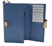 Dompet Panjang Wanita Kulit Asli Dengan Penutup Gesper Logam Dan Tali Pergelangan Tangan Desain Minimalis Biru