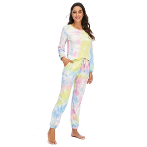 Women <b>Tie</b> <b>Dye</b> Cotton Pajama <b>Set</b> Full Sleeve Crew Neck Loose Fit Two Piece Tracksuit With Drawstring And Side Pockets Spring Wear - Product Image 3