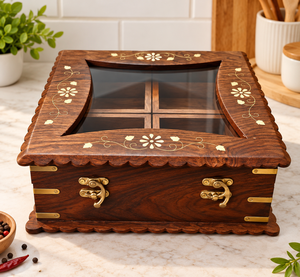 Boîte à épices en bois de Sheesham pour la cuisine, organisateur d'épices à 4 compartiments avec couvercle en verre, conteneur de rangement en bois pour la cuisine - Product Image 1