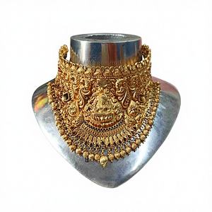 Collar choker de oro antiguo con diseño de templo Lakshmi, joyería nupcial india tradicional, regalo de boda étnico, conjunto pesado para aniversario - Product Image 1