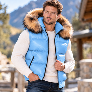 Chaleco Acolchado de Cuero para Hombre con Capucha de Piel de Zorro, Venta al Por Mayor |   Chaleco de Hombre en Cuero Genuino con Capucha de Piel de Zorro - Product Image 1