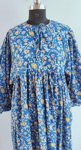 Vintage Blue Yellow Floral Block Print Cotton Midi <b>Dress</b> with Puff Sleeves Tie-Neck <b>Loose</b> Fit Casual Summer <b>Dress</b> For Women - Product Image 5