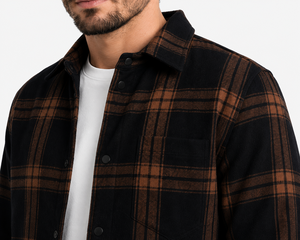 Men black brown plaid shirt <b>jacket</b> checkered <b>flannel</b> overshirt casual winter shacket premium outerwear stylish men button - Product Image 4