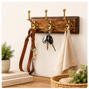 Perchero de pared artesanal de latón antiguo con 3 ganchos y base de madera maciza de mango, colgador decorativo para ropa, ideal para hoteles y baños. - Product Image 4