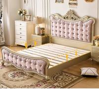 Cama Doble King Size Estilo Americano con Cabecera Tapizada en Rosa, Estructura de Madera Sólida - Cama de Alta Gama para Dormitorio de Adultos