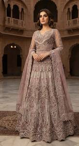 Elegant Dusty Pink Silk Lehenga Choli With <b>Silver</b> Embroidery Floor Length Traditional <b>Wedding</b> <b>Dress</b> For Women India Pakistan - Product Image 1