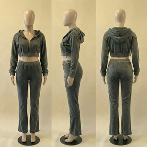 Custom Acid Wash Vintage Women <b>Cropped</b> <b>Zip</b> <b>Up</b> Hoodie Flare Pants Tracksuit Set Two Piece Gym Casual Jogging Sweatsuit Set - Product Image 6