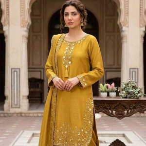 Ensemble Salwar Kameez Designer Chinon avec broderie à sequins, tenue de soirée avec dupatta, fournisseur en gros - Product Image 3