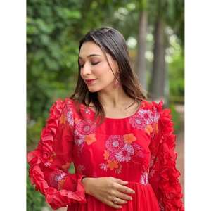 Vestido Largo Rojo para Mujer, Manga Larga, Estampado Floral, Vestido de Fiesta - Product Image 2