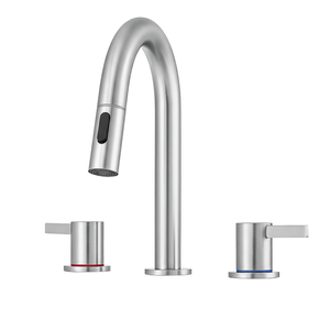 Rubinetto Lavabo Moderno da 8 Pollici con 2 Maniglie, Scarico a Scomparsa a 3 Fori e Doccetta Estraibile Girevole a 360 Gradi, Finitura Nichel Spazzolato - Product Image 1