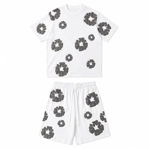 Conjunto de camiseta y pantalones cortos de algodón blanco para hombre con estampado circular negro, atuendo informal de verano, transpirable, de punto, de dos piezas - Product Image 1