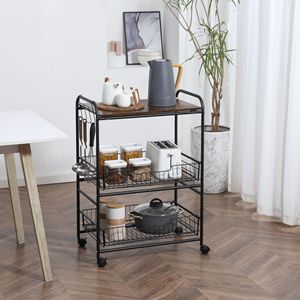Carrello da Cucina Moderno in Metallo con 3 Ripiani a Cesto e Ganci Laterali, Portatile e con Struttura in Ferro - Product Image 2