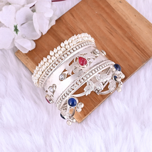 Women's Pink Hydro & Blue Hydro & Kundan Pearl Ethnic Cuff <b>Bracelet</b> | Silver Plated Brass Jewelry - Product Image 3