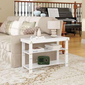 Scarpiera in bambù a 3 piani con ripiani regolabili per ingresso in corridoio con cuscino bianco per soggiorno - Product Image 3