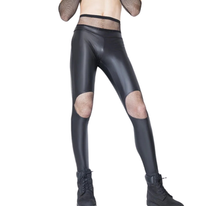 Women's <b>Black</b> Faux Leather <b>High</b> <b>Waist</b> Full Length <b>Leggings</b> With Mesh Knees Stretchy Skinny Glossy Sexy Club Style - Product Image 1