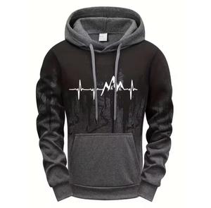 Sweat-shirt à capuche unisexe noir et gris avec imprimé Cœur de Montagne, décontracté, coupe classique, avec poche, manches longues, tricoté, respirant, pour l'hiver - Product Image 1