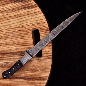 Custom Handmade Forged Fillet <b>Knife</b> in Damascus Steel with Ram Horn Handle and Leather Sheath-Eco-Friendly Dishwasher <b>Safe</b> - Product Image 5