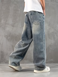 Jeans holgados de corte relajado con tono vintage para hombre |   Pantalones Vaqueros Anchos de Mezclilla Azul Retro |   Pantalones Casuales de Pierna Recta Estilo Skater - Product Image 3