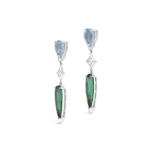 Boucles d'oreilles pendantes en or massif 18 carats avec 3,14 carats d'aquamarine Ginan, 5,68 carats de tourmaline verte et 0,30 carats de diamant de laboratoire taille carrée - Product Image 1