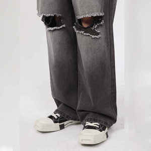 Jean déchiré pour homme, délavé à l'acide, style Monkey Wash, avec trous, en denim vintage noir, coupe baggy - Product Image 5