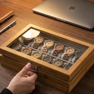 Boîte de rangement pour montres en bambou avec couvercle en verre, 12 emplacements, écologique, durable, boîte de rangement de luxe, décoration moderne pour la maison, cadeau pour homme - Product Image 3