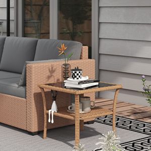 Tavolino da Esterno con Struttura in Alluminio a 2 Ripiani, Piano in Vetro Temperato, Tavolino da Caffè in Vimini, Arredamento da Patio in Rattan - Product Image 2