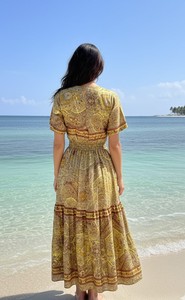 Robe longue bohème à col en V avec imprimé cachemire, taille élastique, coupe ample, manches courtes, respirante, tissée, robe d'été décontractée - Product Image 5